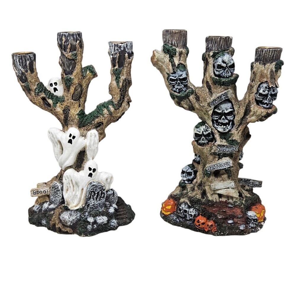 Set of 2 Vintage 90s Fitz Floyd Halloween Candle Sticks Candelabra Ghost Skull